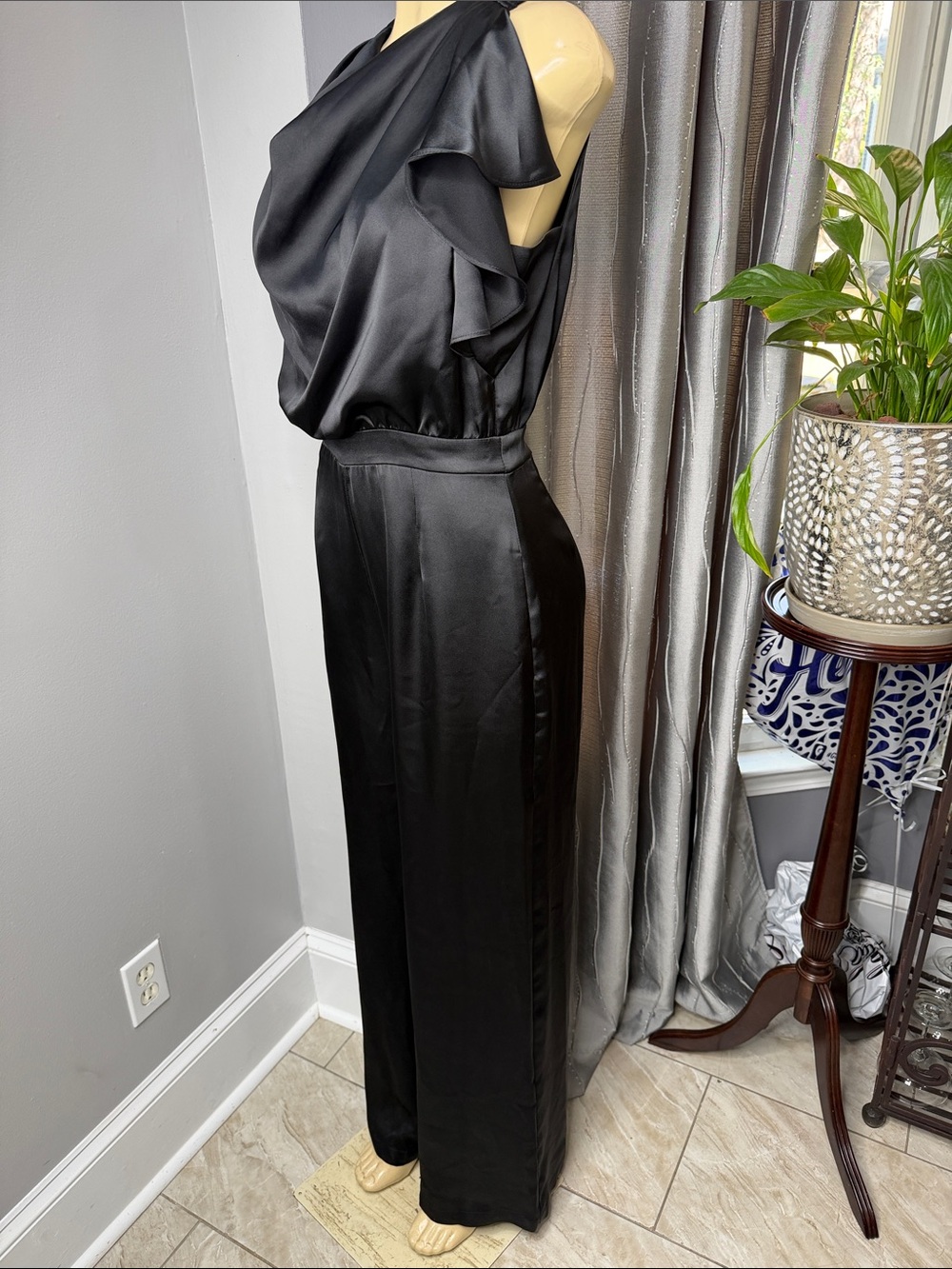 INC International Concepts Black Satin Draped Jumpsuit Women’s Sz 8 Super Formal - Picture 3 of 13